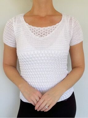 Emma James white crochet lace knit short sleeve beaded sweater top size small